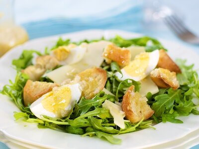 Arugula Salad with Garlic Croutons, Gruyere and Eggs