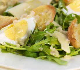 Arugula Salad with Garlic Croutons, Gruyere and Eggs