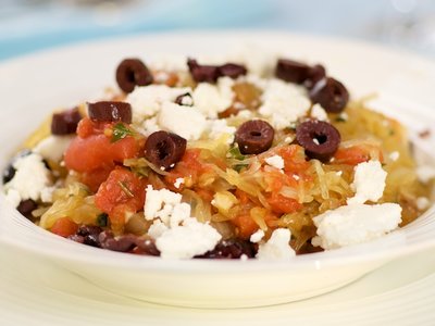 Roasted Spaghetti Squash with Sauteed Vegetables, Feta and Basil