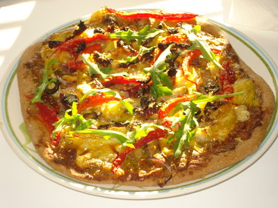 Basil Pesto, Artichoke Hearts, Sun-dried Tomato and Roasted Bell Pepper Pizza