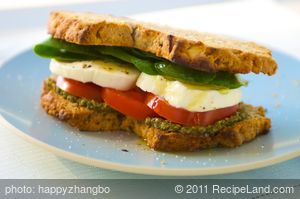 Basil Pesto, Fresh Mozzarella, Tomato and Spinach Sandwich  recipe