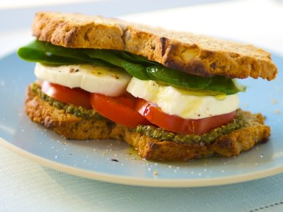 Basil Pesto, Fresh Mozzarella, Tomato and Spinach Sandwich 