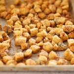 Bake at 350 F degrees for 15 to 20 minutes, and here are our delicious and crunchy croutons...
