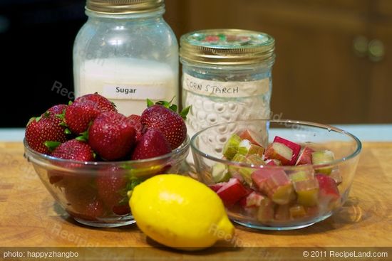 These are the ingredients for making the strawberry and rhubarb filling.