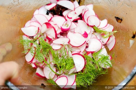 add the sliced radishes and chopped fennel fronds...