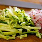 Chop the cucumber and radishes into the match sticks.
