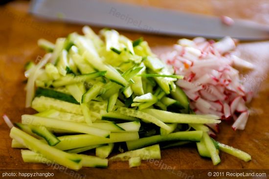 Chop the cucumber and radishes into the match sticks.