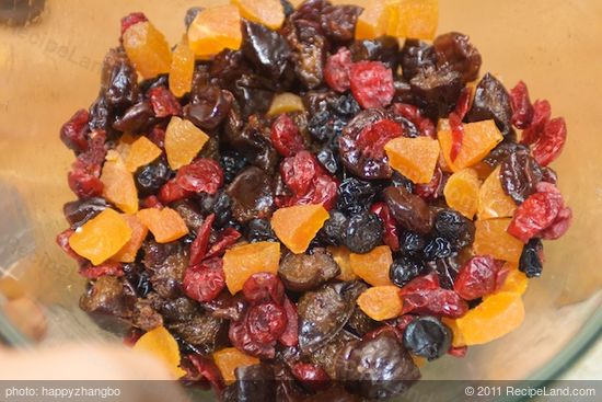 Mix well all the dried fruits together in a bowl.