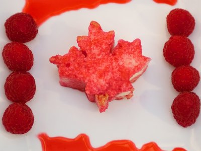 Canada Day Maple Leaf Cake with Raspberry Coulis