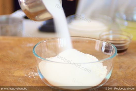 In a bowl add together the flour, 3/4 cup sugar and salt.