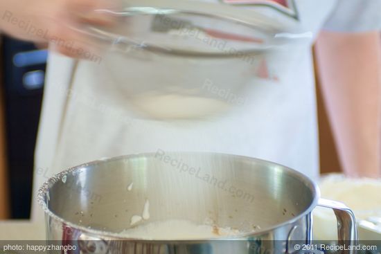 Add 1/4 flour mixture at a time, folding in gently with rubber spatula. 