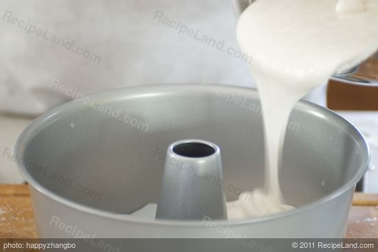 Gently pour the smooth mixture into the prepared angel food cake pan.