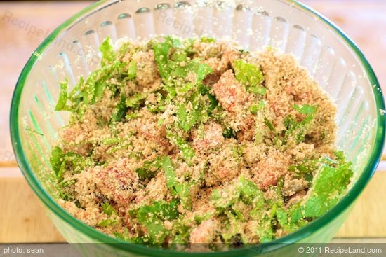 The bread crumb stuffing mixed and ready for stuffing