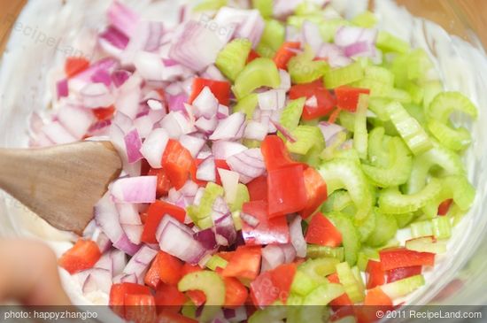 Add the celery, bell pepper and onions into the bowl.