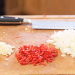 Here we have the freshly chopped onions, minced garlic and peppers.