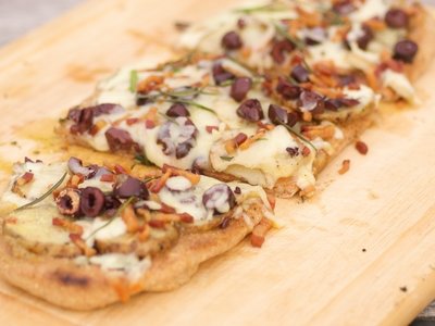 Grilled Potato, Pancetta and Roasted Garlic Pizza with Olives and Rosemary