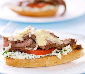 Open-face Flank Steak Sandwiches with Herbed Goat Cheese and Tomatoes