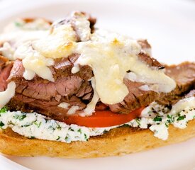 Open-face Flank Steak Sandwiches with Herbed Goat Cheese and Tomatoes