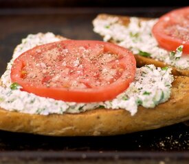 Open-face Flank Steak Sandwiches with Herbed Goat Cheese and Tomatoes