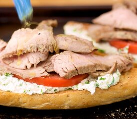 Open-face Flank Steak Sandwiches with Herbed Goat Cheese and Tomatoes