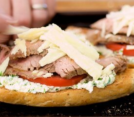 Open-face Flank Steak Sandwiches with Herbed Goat Cheese and Tomatoes