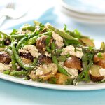 Mix together the potatoes, green beans, feta cheese, olives and oregano in a bowl until well combined. 
