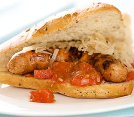 Grilled Sausage Sandwiches with Tomato Jam and Sauerkraut