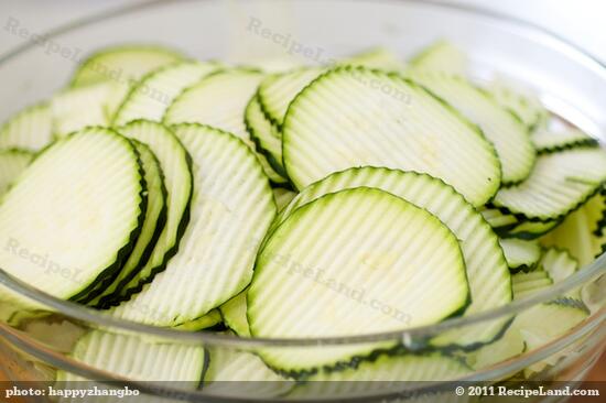 All the zucchinis have been beautifully sliced, place into a large bowl.