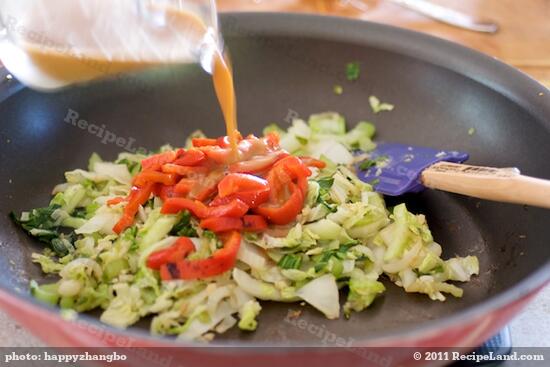 Stir in roasted bell peppers, pour sauce over vegetables.