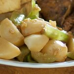 Well marinated daikon or turnip pieces and white stems of bok choy.