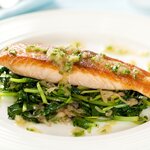 Quick, easy and tasty crispy salmon on tatsoi!