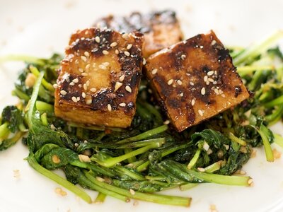 Stir-fry Tatsoi, Crusty Tofu with Asian Sweet-Sour Sauce