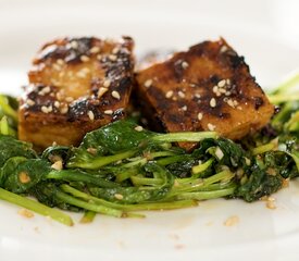 Stir-fry Tatsoi, Crusty Tofu with Asian Sweet-Sour Sauce