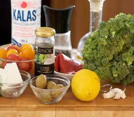 Roasted Broccoli and Cherry Tomatoes with Feta, Roasted Pepper and Olives