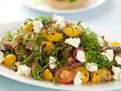 Grilled Summer Vegetable Salad with Cherry Tomatoes and Feta Cheese