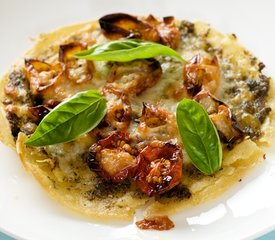 Basil Pesto, Oven-Dried Cherry Tomato and Mozzarella Taco Pizzas