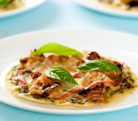 Basil Pesto, Oven-Dried Cherry Tomato and Mozzarella Taco Pizzas