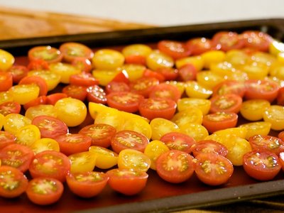 Basil Pesto, Oven-Dried Cherry Tomato and Mozzarella Taco Pizzas