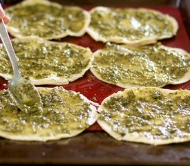 Basil Pesto, Oven-Dried Cherry Tomato and Mozzarella Taco Pizzas