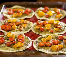 Basil Pesto, Oven-Dried Cherry Tomato and Mozzarella Taco Pizzas