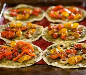 Basil Pesto, Oven-Dried Cherry Tomato and Mozzarella Taco Pizzas