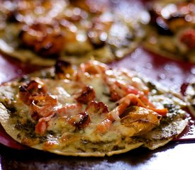 Basil Pesto, Oven-Dried Cherry Tomato and Mozzarella Taco Pizzas