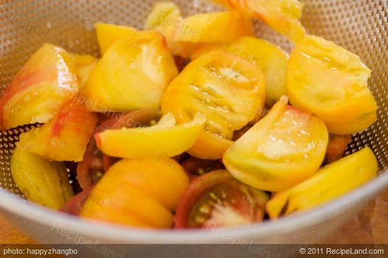 Place the slices into a colander, sprinkle some sea salt, and let sit for about 15 minutes.