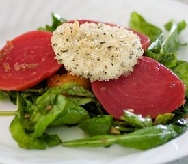 Heirloom Beets, Warm Goat Cheese, Arugula with Green Olive Vinaigrette