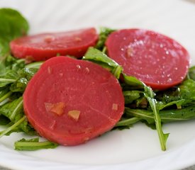 Heirloom Beets, Warm Goat Cheese, Arugula with Green Olive Vinaigrette