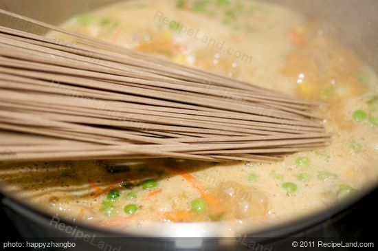 Add the soba noodles in, and make sure the noodles are under the stew.