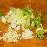 Crush or mince the garlic, ginger, slice the scallions,