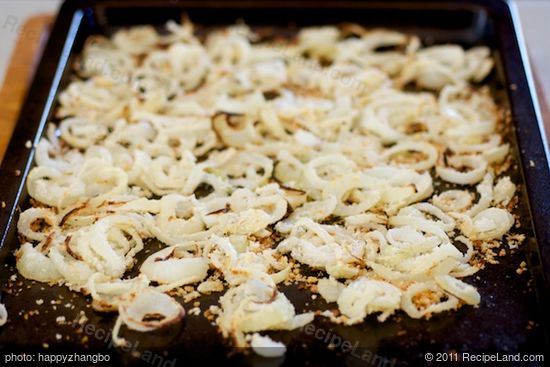 Homemade french fried onions, during cooking