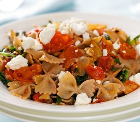 Warm Pasta with Roasted Tomatoes, Greens and Goat Cheese