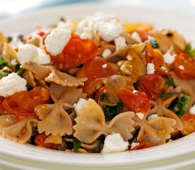 Warm Pasta with Roasted Tomatoes, Greens and Goat Cheese